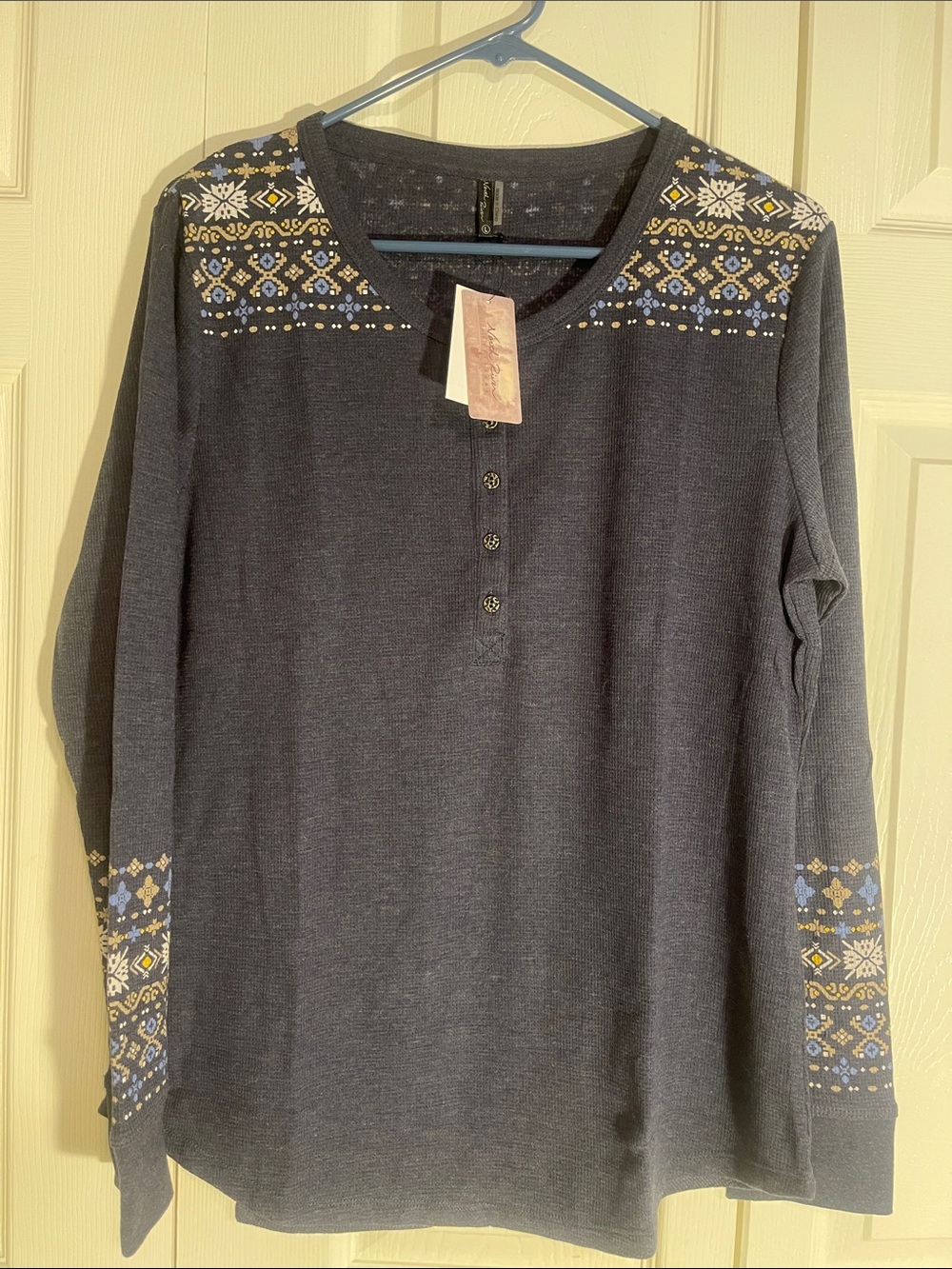 Nort River Navy Blue Nordic-Print Henley Sweater
